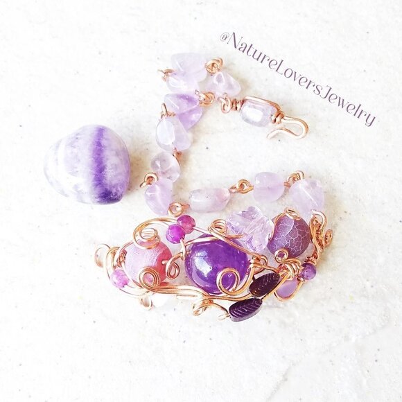 Lilac & Purple Butterfly + Gemstone Bracelet! Amethyst + Agate + WireWrap Copper - Picture 8 of 14